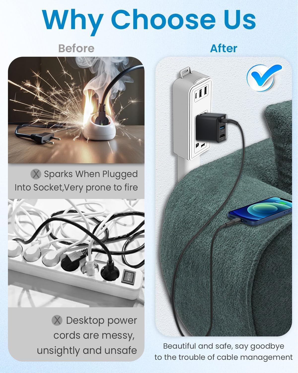 Transform Your Space with Our Versatile Electrical Outlet Extender Stick - Features 2 USB-A, 1 USB-C, and 2 AC Outlets, Adjustable Height, and 360° Rotating Access!