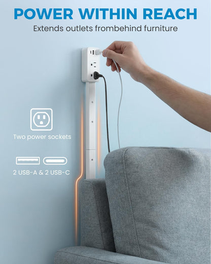 Transform Your Space with Our Versatile Electrical Outlet Extender Stick - Features 2 USB-A, 1 USB-C, and 2 AC Outlets, Adjustable Height, and 360° Rotating Access!