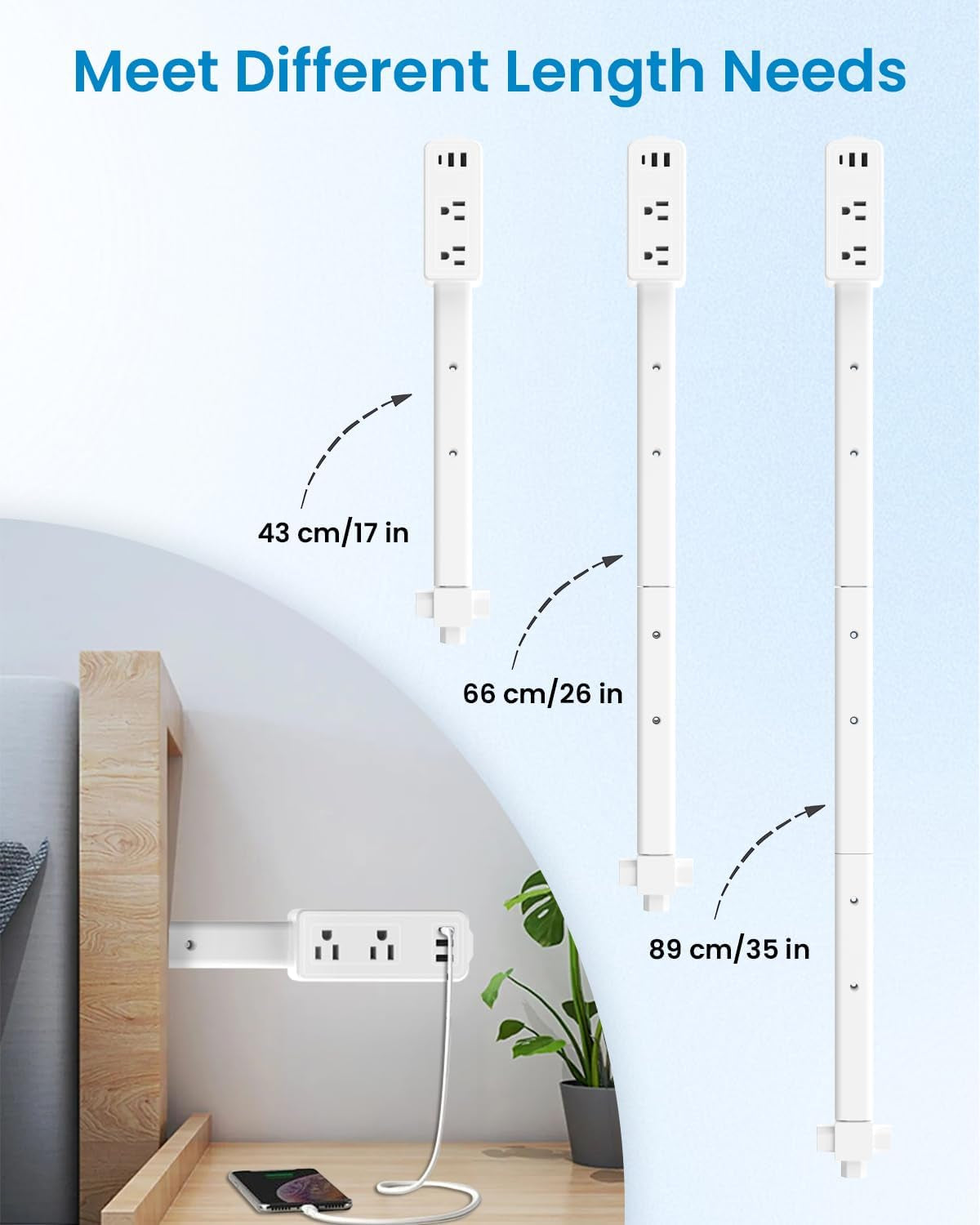 Transform Your Space with Our Versatile Electrical Outlet Extender Stick - Features 2 USB-A, 1 USB-C, and 2 AC Outlets, Adjustable Height, and 360° Rotating Access!