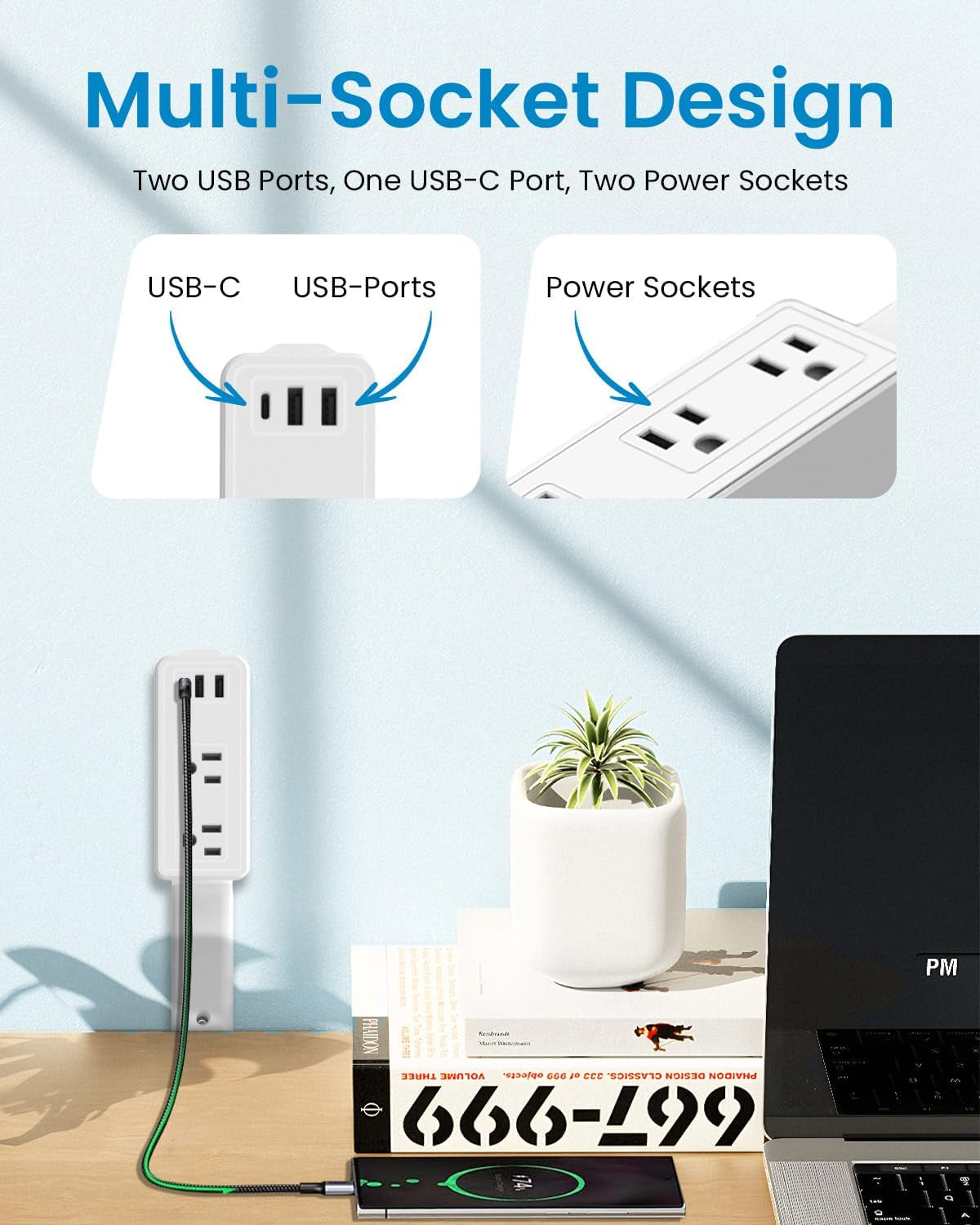Transform Your Space with Our Versatile Electrical Outlet Extender Stick - Features 2 USB-A, 1 USB-C, and 2 AC Outlets, Adjustable Height, and 360° Rotating Access!